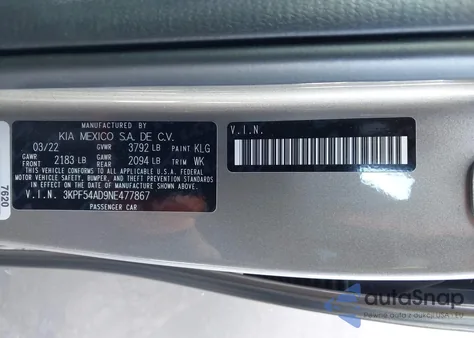 2022 Kia Forte Gt-Line from USA, damaged, VIN 3KPF54AD9NE477867